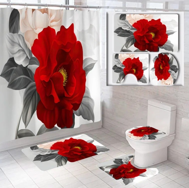 Y&D ized Printed 3D Rose Flowers Waterproof Bathroom Shower Curtain Sets 4 PCS Fabric Rugs Elegant Durable Bathroom Accessory - Image 2