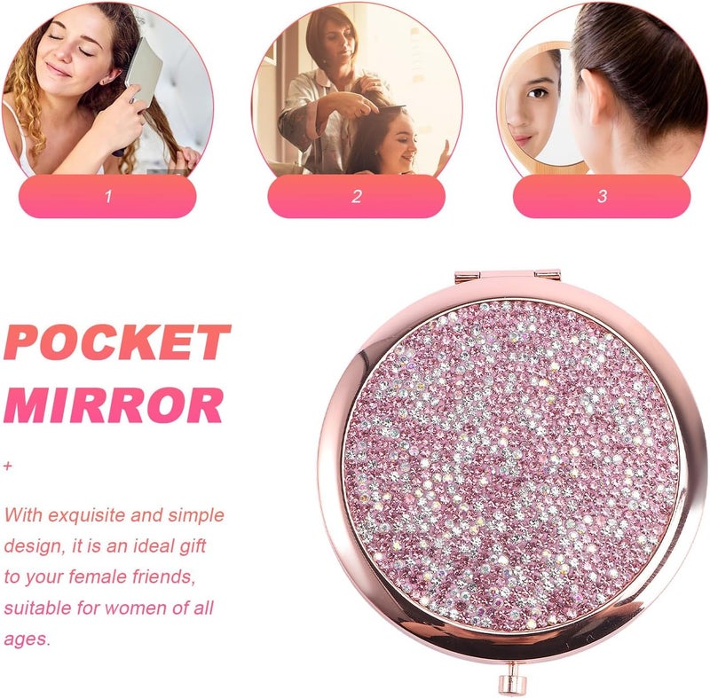 GALPADA Diamond-Studded Double-Sided Folding Cosmetic Mirror Portable Rose Gold Metal Travel Makeup Mirror for Women Compact Pocket Vanity with Crystal Embellishment - Image 3