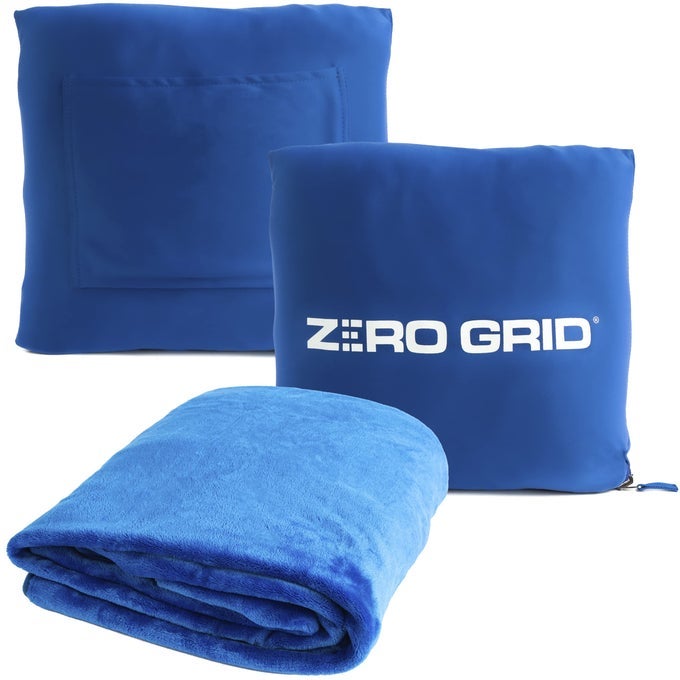 LIGHTWEIGHT TRAVEL BLANKET PREMIUM COMPACT AIRPLANE WEARABLE BLANKET WITH NECK SNAPS COZY FOOT POCKETS ZIPPER POUCH CONVERTS INTO SOFT PILLOW DESIGNED FOR ULTIMATE COMFORT ROYAL BLUE