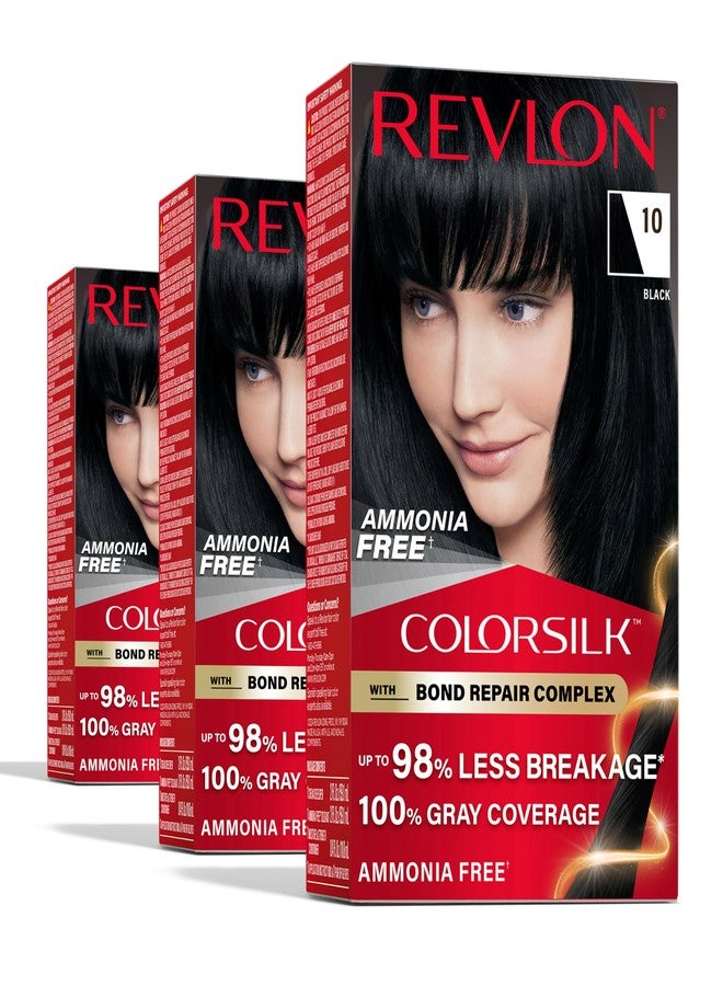 Revlon ColorSilk with Bond Repair Complex, Black Permanent Hair Color, 100% Gray Coverage, Ammonia Free Hair Dye, Vegan Keratin, 10 Black (Pack of 3) - Image 1