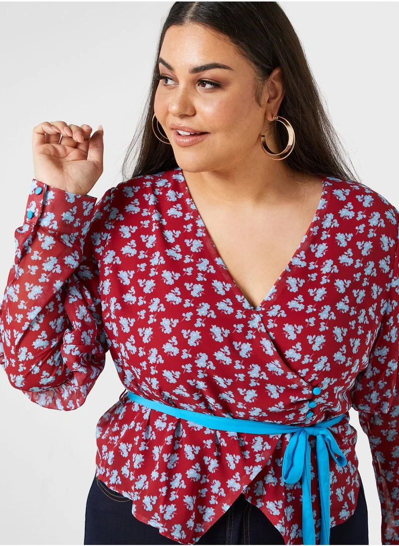 LOST INK PLUS Contrast Tie Floral Print Top