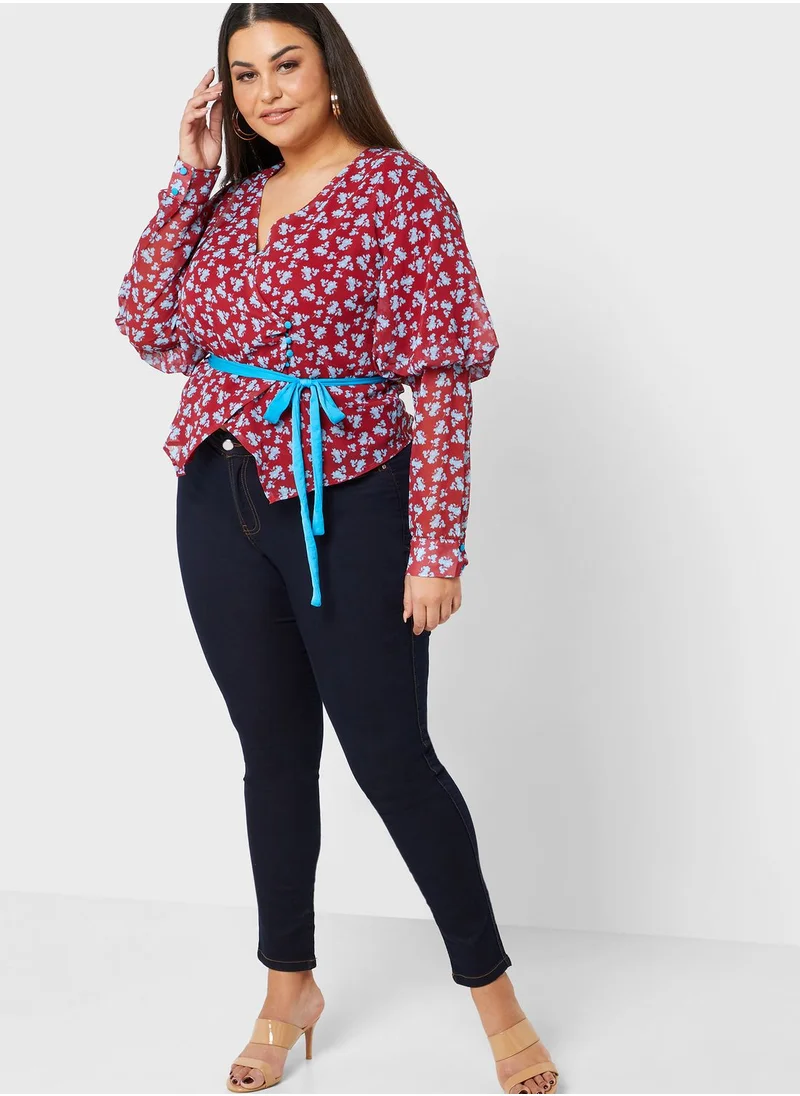 LOST INK PLUS Contrast Tie Floral Print Top