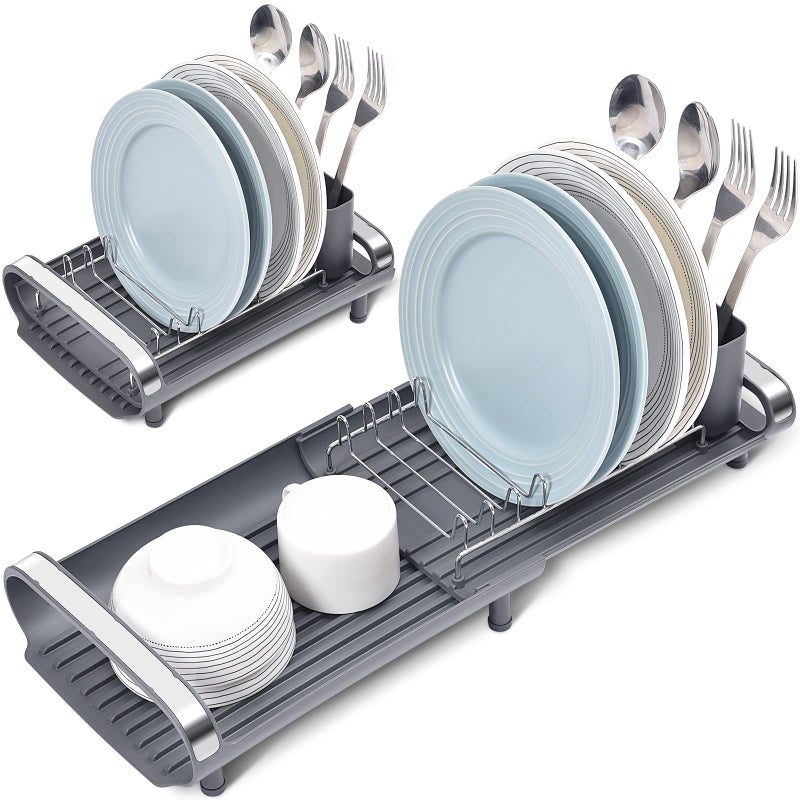 KINGRACK Dish Drainer Rack Small Dish Drainer Expandable Dish Rack With Removable Cutlery Holder Anti Rust Small Drying Rack for Sink Compact Draining Board Rack For Kitchen Counter Grey