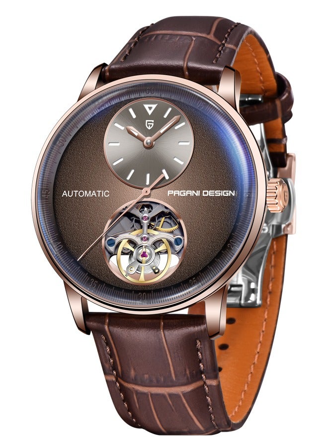 باغاني ديزاين التلقائي رجالي الساعات مع عجلة التوازن الميكانيكية ساعة معصم للرجال مقاوم للماء بو الجلود مربط الساعة الفاخرة الذاتي لف الفولاذ المقاوم للصدأ ساعة - Image 1