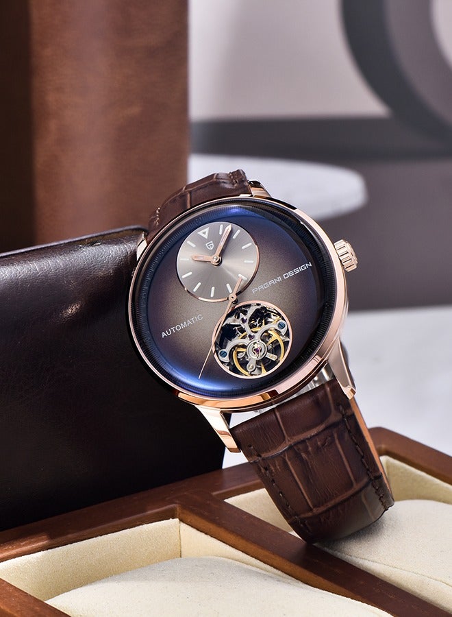 باغاني ديزاين التلقائي رجالي الساعات مع عجلة التوازن الميكانيكية ساعة معصم للرجال مقاوم للماء بو الجلود مربط الساعة الفاخرة الذاتي لف الفولاذ المقاوم للصدأ ساعة - Image 2