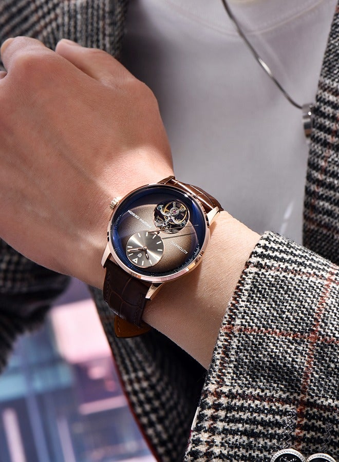 باغاني ديزاين التلقائي رجالي الساعات مع عجلة التوازن الميكانيكية ساعة معصم للرجال مقاوم للماء بو الجلود مربط الساعة الفاخرة الذاتي لف الفولاذ المقاوم للصدأ ساعة - Image 3