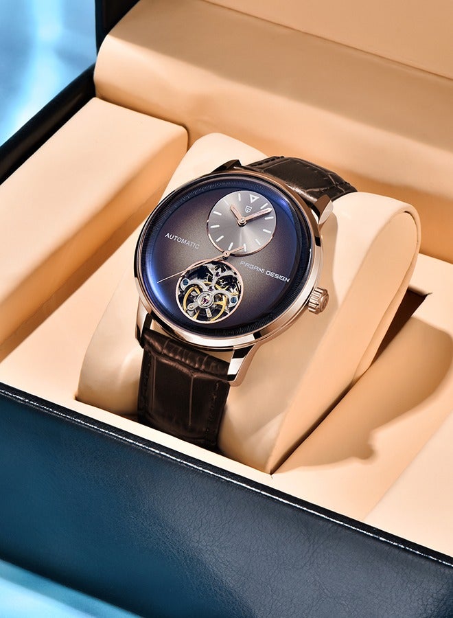 باغاني ديزاين التلقائي رجالي الساعات مع عجلة التوازن الميكانيكية ساعة معصم للرجال مقاوم للماء بو الجلود مربط الساعة الفاخرة الذاتي لف الفولاذ المقاوم للصدأ ساعة - Image 4