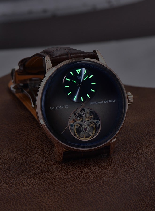 باغاني ديزاين التلقائي رجالي الساعات مع عجلة التوازن الميكانيكية ساعة معصم للرجال مقاوم للماء بو الجلود مربط الساعة الفاخرة الذاتي لف الفولاذ المقاوم للصدأ ساعة - Image 5