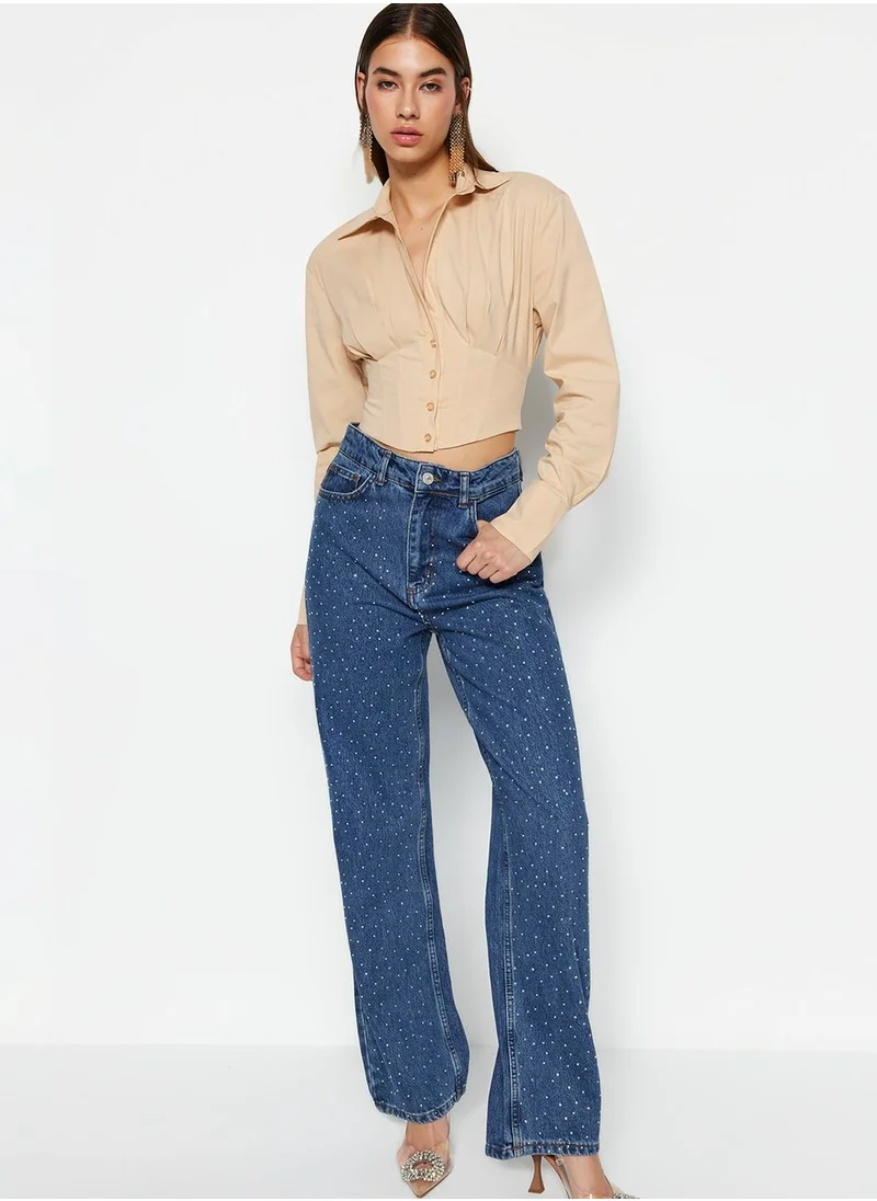 trendyol Button Detail Puff Sleeve Crop Shirt