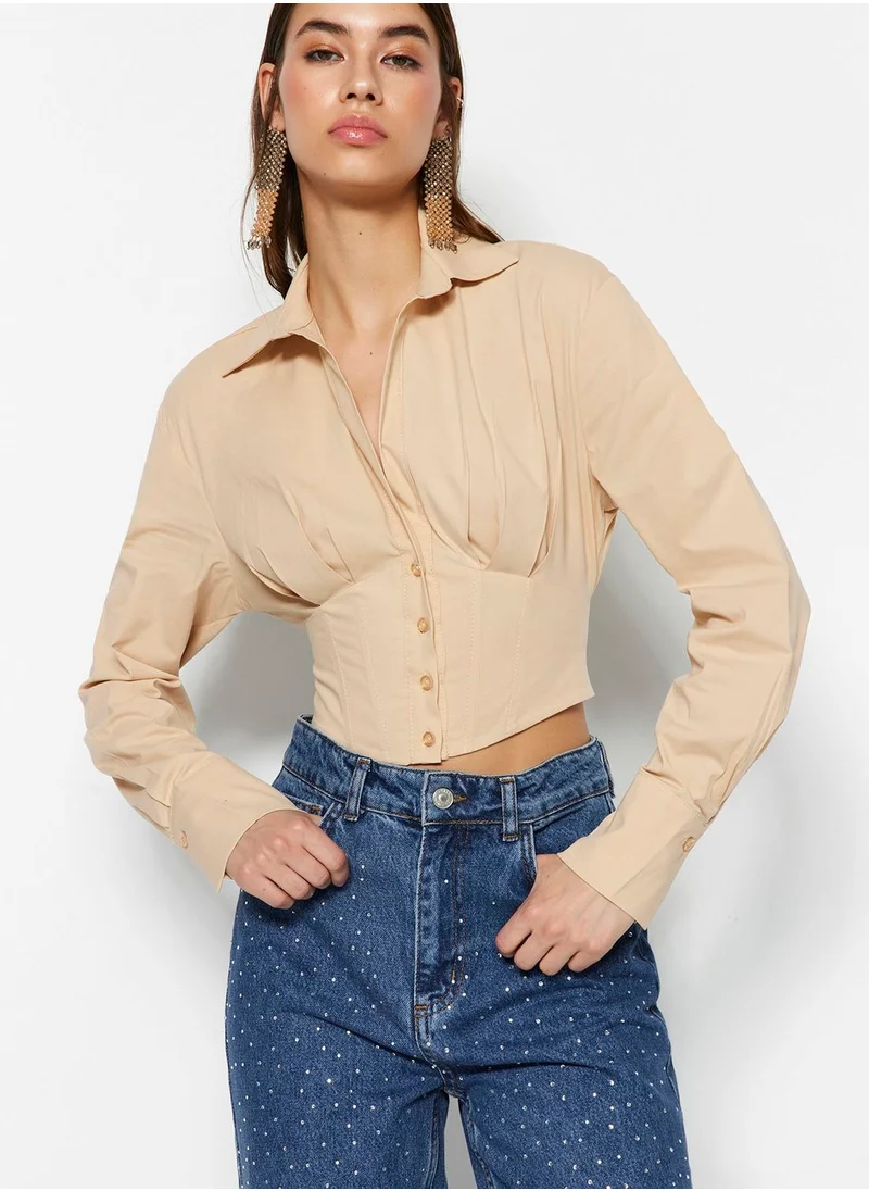 trendyol Button Detail Puff Sleeve Crop Shirt