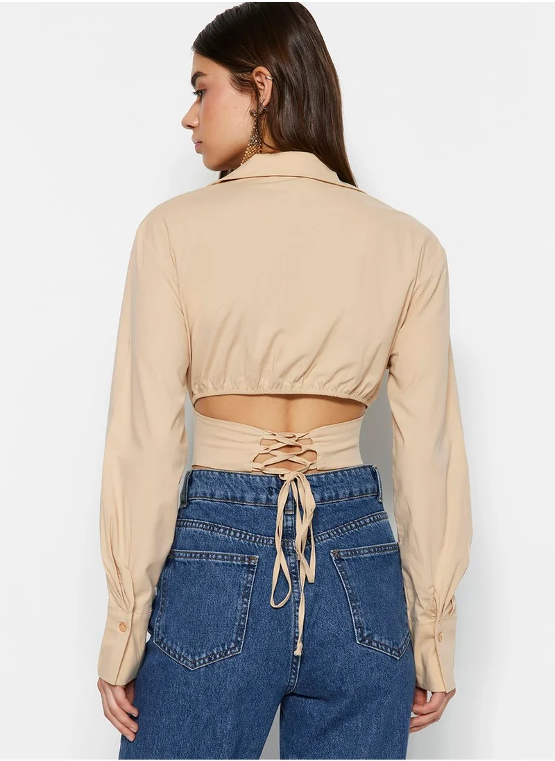 trendyol Button Detail Puff Sleeve Crop Shirt