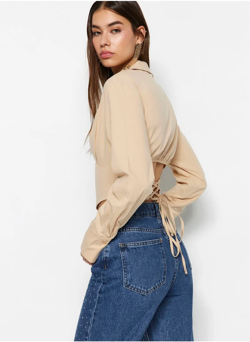 trendyol Button Detail Puff Sleeve Crop Shirt