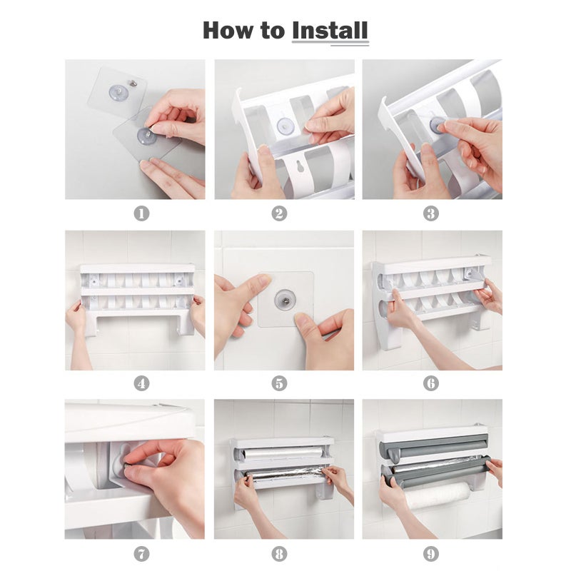 Kitchen Storage Rack: Grey Wall Mount Multi-Functional Holder - Clean Cut Cutter Plastic Wrap Cling Film Foil Dispenser for Home Kitchen Organization - Image 4