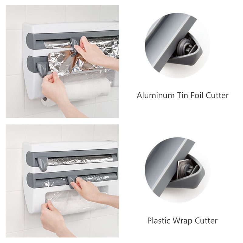 Kitchen Storage Rack: Grey Wall Mount Multi-Functional Holder - Clean Cut Cutter Plastic Wrap Cling Film Foil Dispenser for Home Kitchen Organization - Image 3