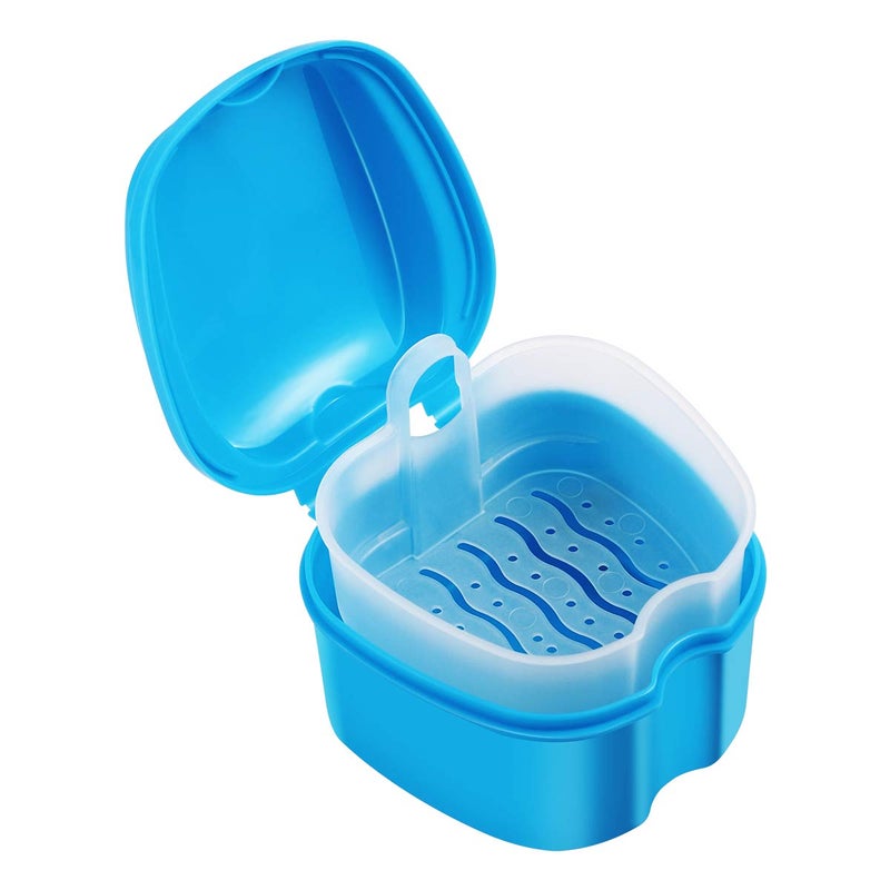 ROSENICE Denture Case Denture Bath Box Case Dental Orthodontic Retainer False Teeth Storage Case Box with Strainer denture cups for soaking dentures (Blue) 