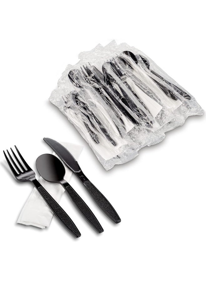AL FAKHAMA 50 Pack Heavy Weight Black Plastic Cutlery Set with Napkin Individually Wrapped - (50 Pieces) Disposable Utensils - Plasticware Forks, Spoons, Knives - Great for Parties or Picnic - Image 1