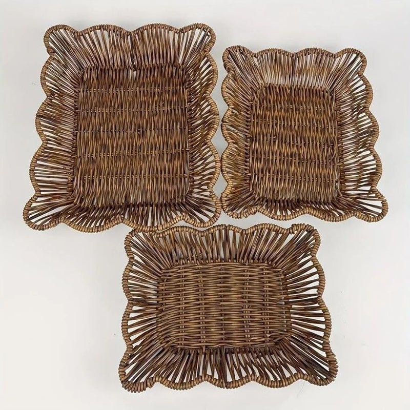 Jenny 3 Piece Woven Rattan Serving Baskets Set, Square Bread and Fruit Trays, Decorative Snack Bowls for Kitchen and Countertop - Image 2