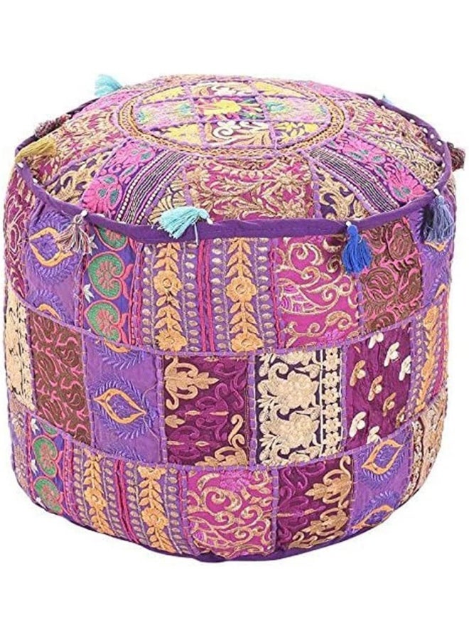 Aakriti Gallery Indian Pouf Footstool Ethnic Embroidered Pouf Cover, Indian Cotton Round Pouffe Ottoman Pouf Cover Pillow Ethnic Decor Art - Cover Only (Purple, 18X13) - Image 1