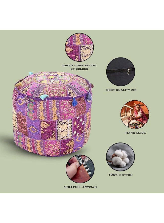 Aakriti Gallery Indian Pouf Footstool Ethnic Embroidered Pouf Cover, Indian Cotton Round Pouffe Ottoman Pouf Cover Pillow Ethnic Decor Art - Cover Only (Purple, 18X13) - Image 4