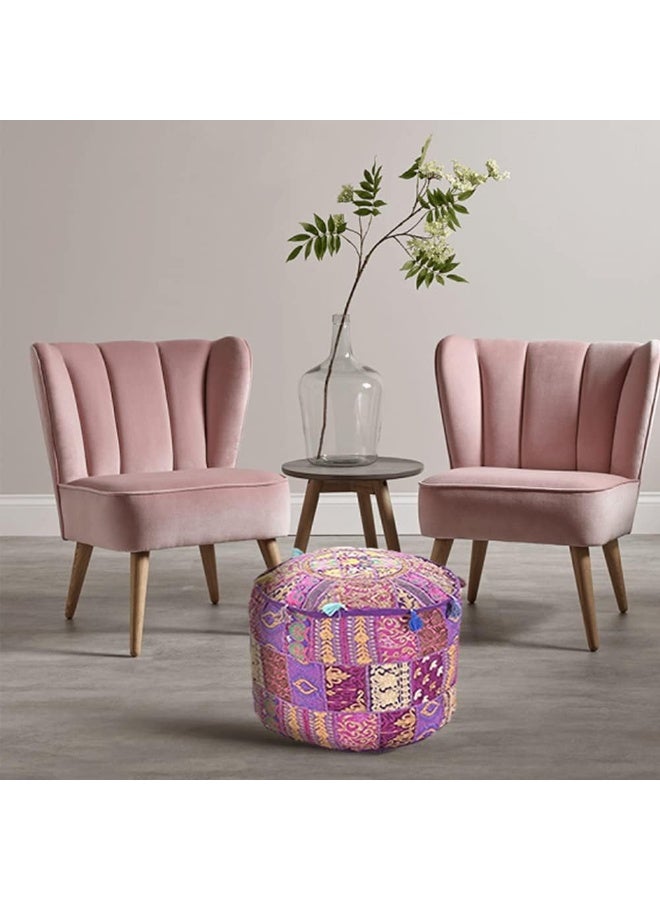 Aakriti Gallery Indian Pouf Footstool Ethnic Embroidered Pouf Cover, Indian Cotton Round Pouffe Ottoman Pouf Cover Pillow Ethnic Decor Art - Cover Only (Purple, 18X13) - Image 2