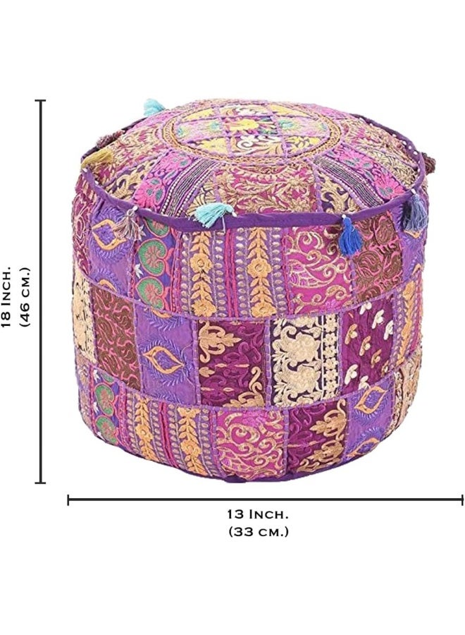 Aakriti Gallery Indian Pouf Footstool Ethnic Embroidered Pouf Cover, Indian Cotton Round Pouffe Ottoman Pouf Cover Pillow Ethnic Decor Art - Cover Only (Purple, 18X13) - Image 3