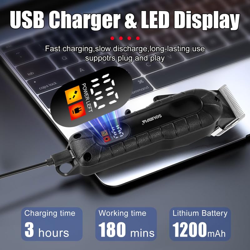 Solimpia HT-671 سلسلة صالون مقص شعر احترافي بشاشة رقمية مقص شعر كهربائي مجموعة أدوات قص الشعر اللاسلكية، بطارية ليثيوم أيون 1200mAh 180 دقيقة من وقت التشغيل، أسود A - Image 3