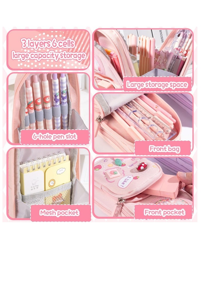 Loquat Pencil Case, 3-layer 6-compartment Large capacity pencil case for kids, Protect pencils, Can fit 20cm ruler, hydrophobic materials, Pull-up design, Best Gifts for Kids (Pink) - Image 3