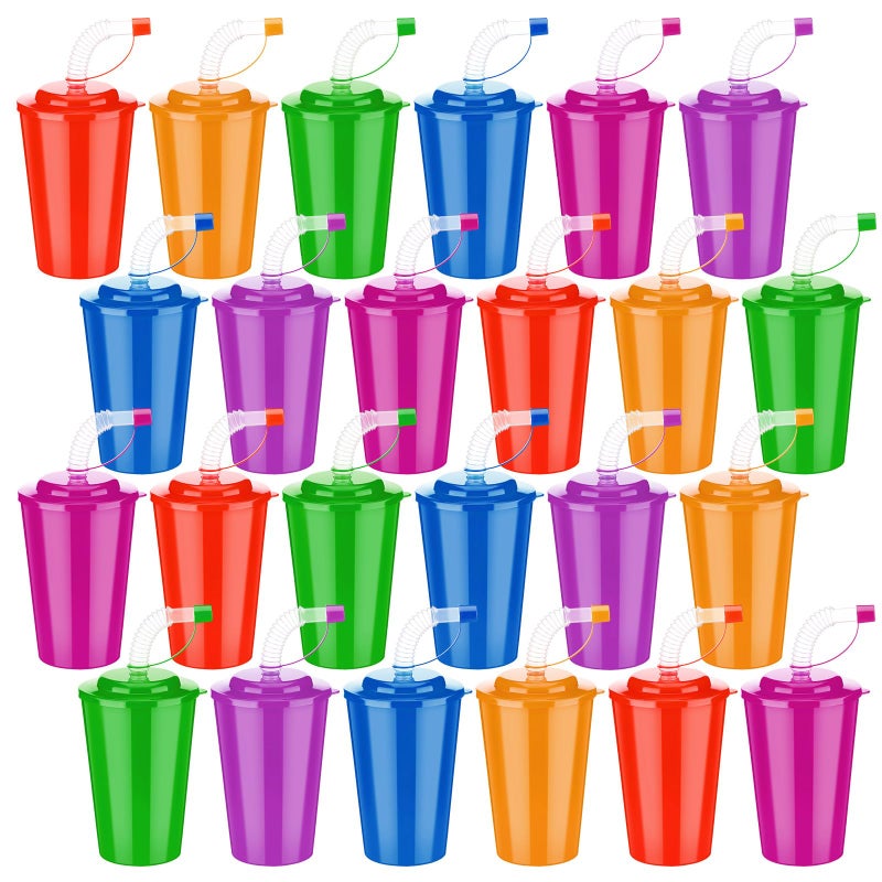 Zubebe 24 Pcs Neon Straws Cups 12 oz Colorful Neon Cups with Sipper and Lids Plastic Favor Reusable Straw for Birthday Party Events Supplies 6 Colors - Image 2
