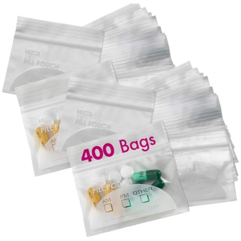 أكياس أكياس حبوب منع الحمل - عبوة مكونة من 400 كيس مقاس 3 × 2.75 بوصة - خالية من مادة BPA، أكياس حبوب بسحاب للاستعمال مرة واحدة، أكياس تخزين لتنظيم أدوية السفر يوميًا صباحًا ومساءً، أفضل واضحة وقابلة لإعادة الاستخدام مع ملصقات مكتوبة - Image 1