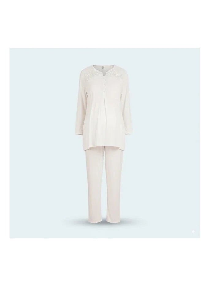 Women's Maternity & Nursing Pajama Set - 2 Piece Long Sleeve Button-Front Top & Adjustable Waist Pants | Cotton Viscose Blend Sleepwear | Made in Turkey - Image 4