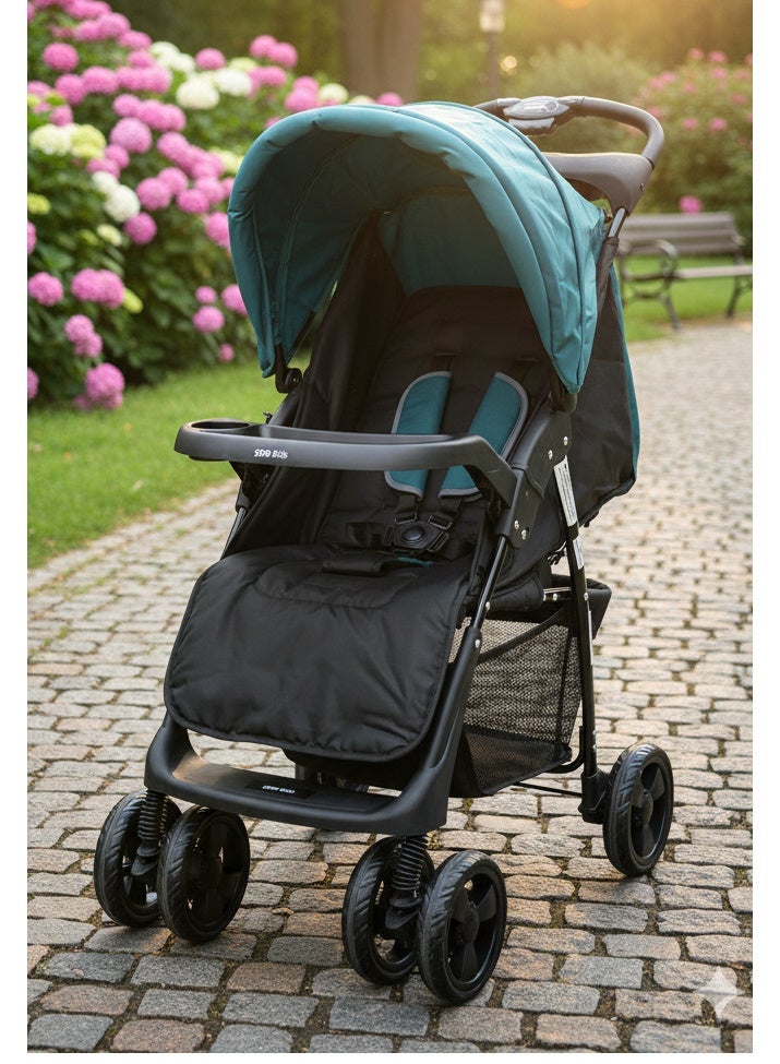 اس ام ار كيدز عربة أطفال خفيفة قابلة للطي من SMR Kids – مزودة بحزام أمان ثلاثي النقاط ومظلة واقية وسلة تخزين واسعة، تصميم مريح وآمن من الولادة حتى 3 سنوات (فيروزي) - Image 1