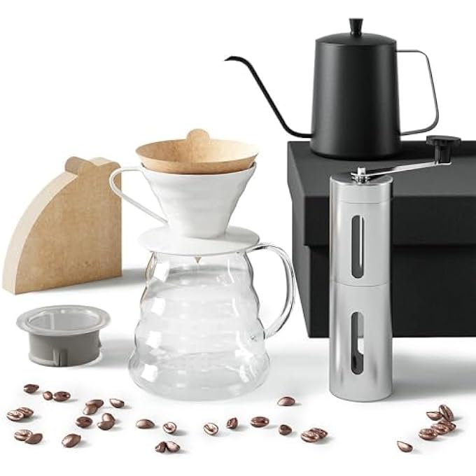 أكس سبرينج مجموعة ماكينة صنع القهوة Xspring V60 مع حقيبة حمل محمولة، مجموعة قهوة محمولة للسفر، مجموعة قهوة قابلة للسكب، 5 قطع - Image 1