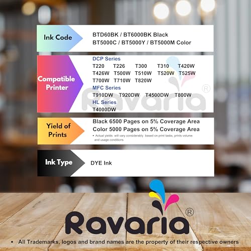 Ravaria BT-D60BK / BT6000 and BT5000CMY Compatible Ink for Brother Printer T220, T420, T520, T820, T920, T510, T910, T710, T4000W, T4500W, T300W, T800W (BT-D60BK / BT6000 and BT5000C 4 Color Set) - Image 2