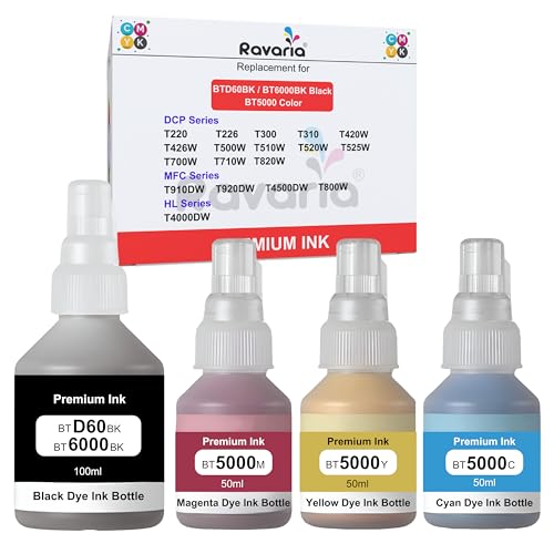 Ravaria BT-D60BK / BT6000 and BT5000CMY Compatible Ink for Brother Printer T220, T420, T520, T820, T920, T510, T910, T710, T4000W, T4500W, T300W, T800W (BT-D60BK / BT6000 and BT5000C 4 Color Set) - Image 1