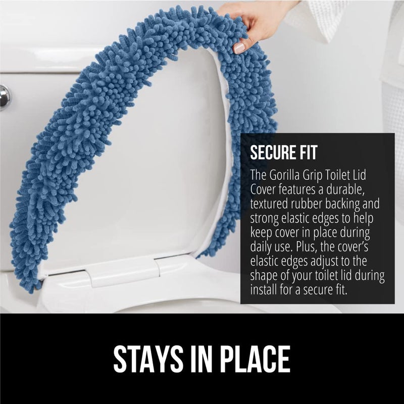 GORILLA GRIP Soft Chenille Bathroom Toilet Lid Cover, Machine Washable Seat Covers, 19.5x18.5, Stays in Place Rubber Backing, Fits Most Round, Elongated and Oblong Lids, Accessories Decor, Blue - Image 3