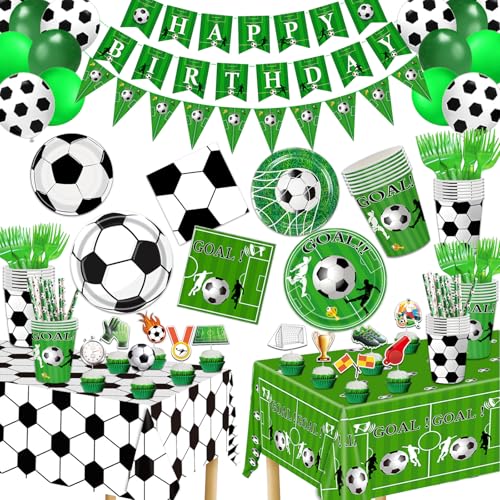 Bolake 172 Pcs Soccer Party Plates Tableware Set Serves 24 Soccer Party Decorations Supplies Includes Plates Napkins Banner Cups Tablecloth for Soccer Birthday Party Decorations - Image 1