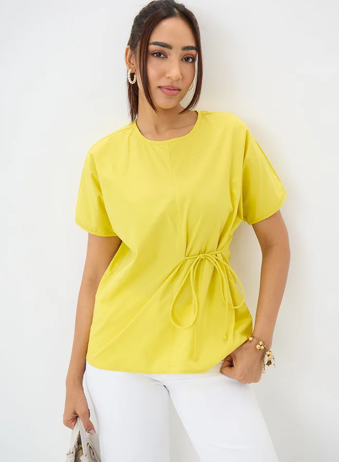 Femmella Citrine Yellow Short Sleeve Blouse with Side Tie Detail