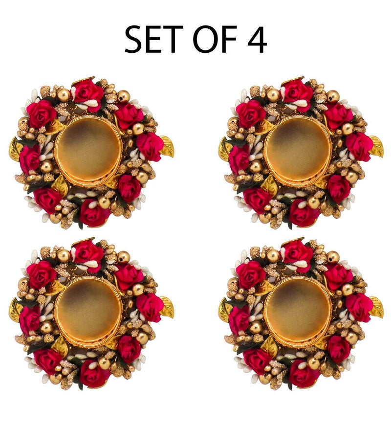 Sanvatsar Decorative Diya Set of 4 | Corporate & Diwali Gift, Deepak, Candles, Home Decoration Light Set (Red Color) with Wax - Image 2