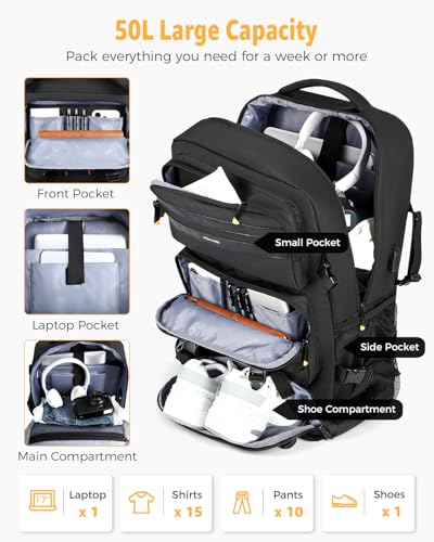 Ponhog Travel Backpack for Men, 50L Carry On Flight Approved Convertible Duffle Bag with Shoe Compartment, 17 inch Laptop Luggage with USB Charging Port for Weekender Hiking, Black - Image 2