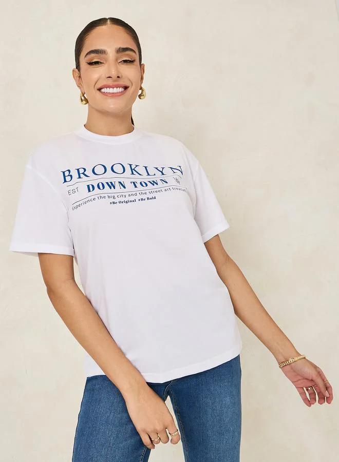 ستايلي Oversized Brooklyn Slogan Turn-Up Sleeves T-Shirt