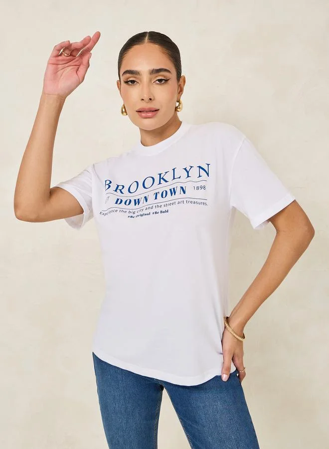 ستايلي Oversized Brooklyn Slogan Turn-Up Sleeves T-Shirt