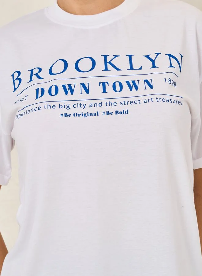 ستايلي Oversized Brooklyn Slogan Turn-Up Sleeves T-Shirt