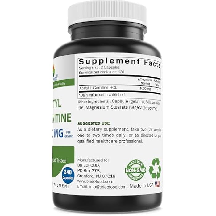 Brieofood Acetyl L-Carnitine 1000 mg Per Serving- 240 Capsules. Gluten-Free, Non-GMO. - Image 2