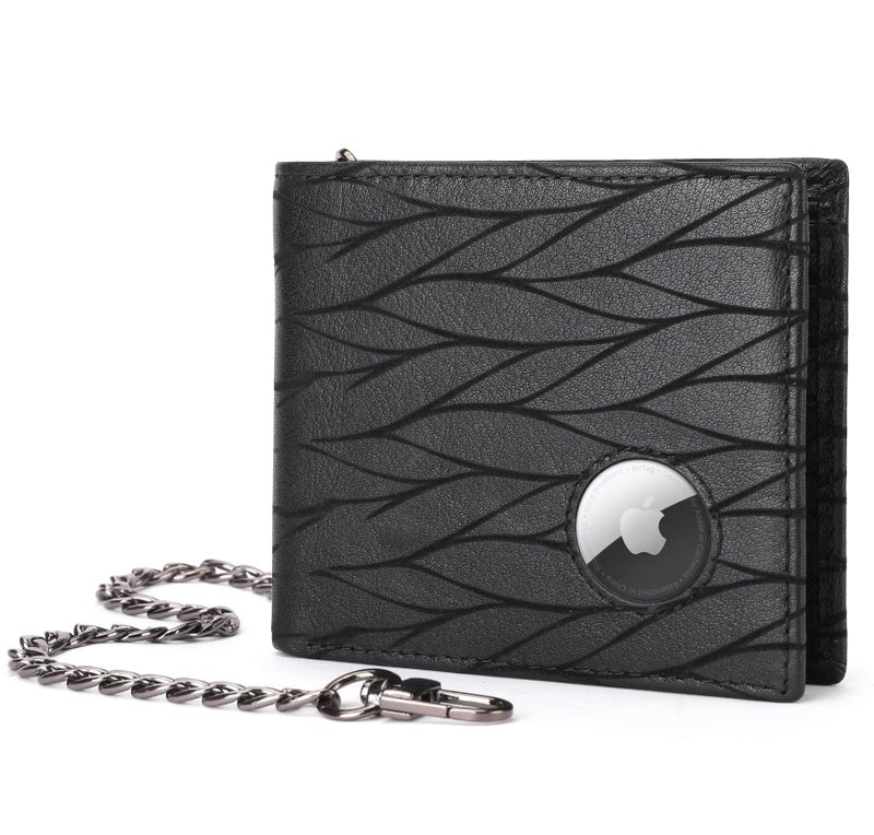 BULLCAPTAIN Slim Genuine Leather Mens Wallets with 2 ID Windows 10 Credit Card Slots Bifold RFID Blocking Wallets for Men With AirTag Holder and Chain T01 (Black) - Image 1