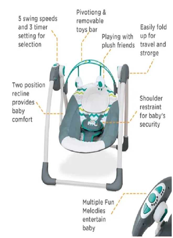 Mastela Baby Swing Automatic For Newborn To Toddler With Music, Breathable Fabric And 2 Plush Toys (Green X Gray)  - Image 5