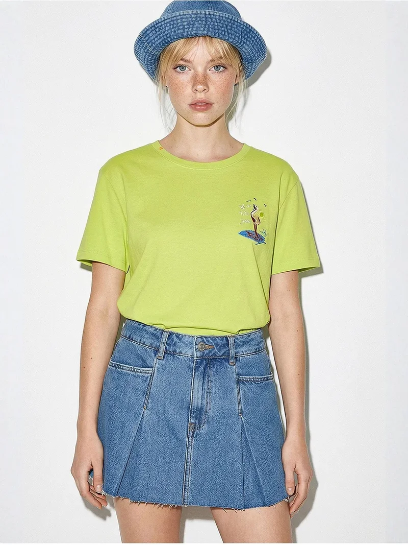 Bianco Lucci LUCCI Embroidered Crew Neck Cotton T-Shirt