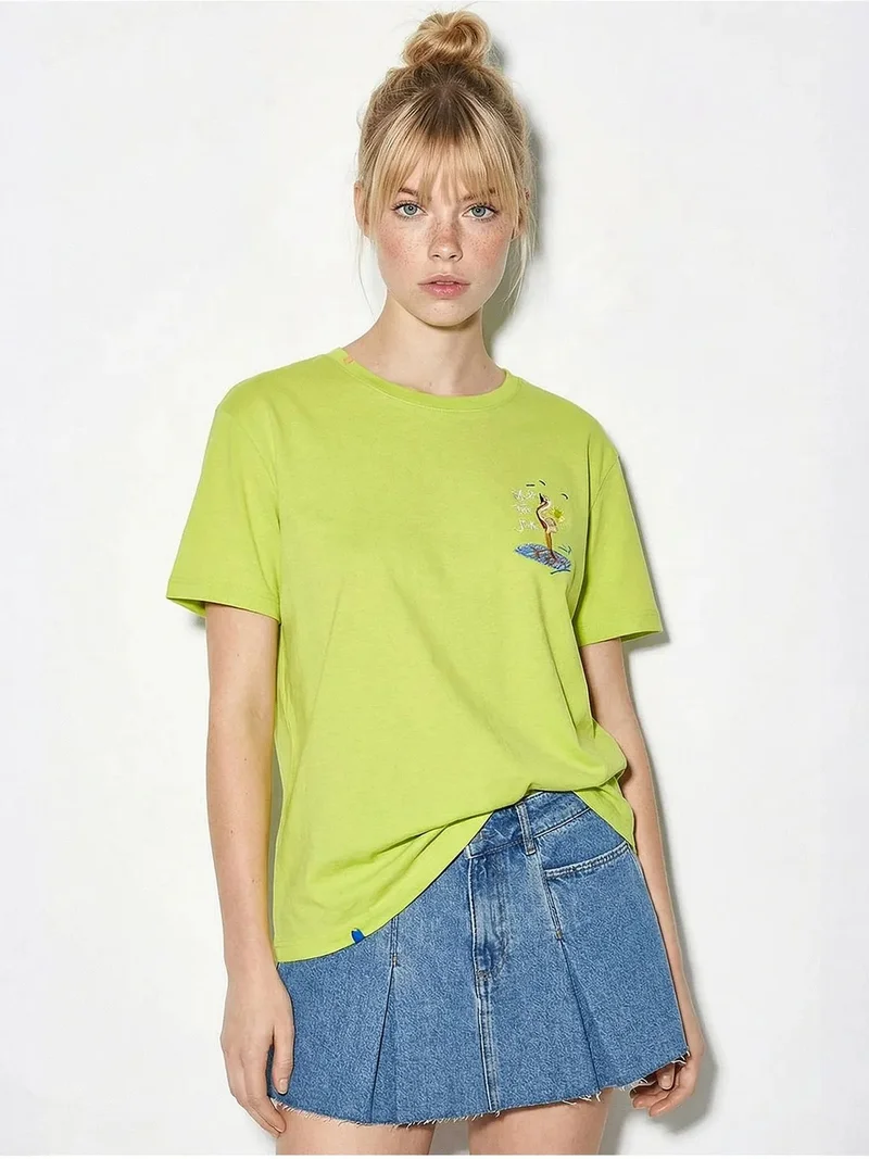 Bianco Lucci LUCCI Embroidered Crew Neck Cotton T-Shirt