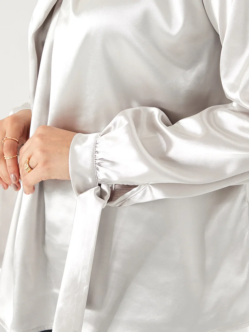 Styli Tie Cuff Long Sleeves Satin High Neck Blouse