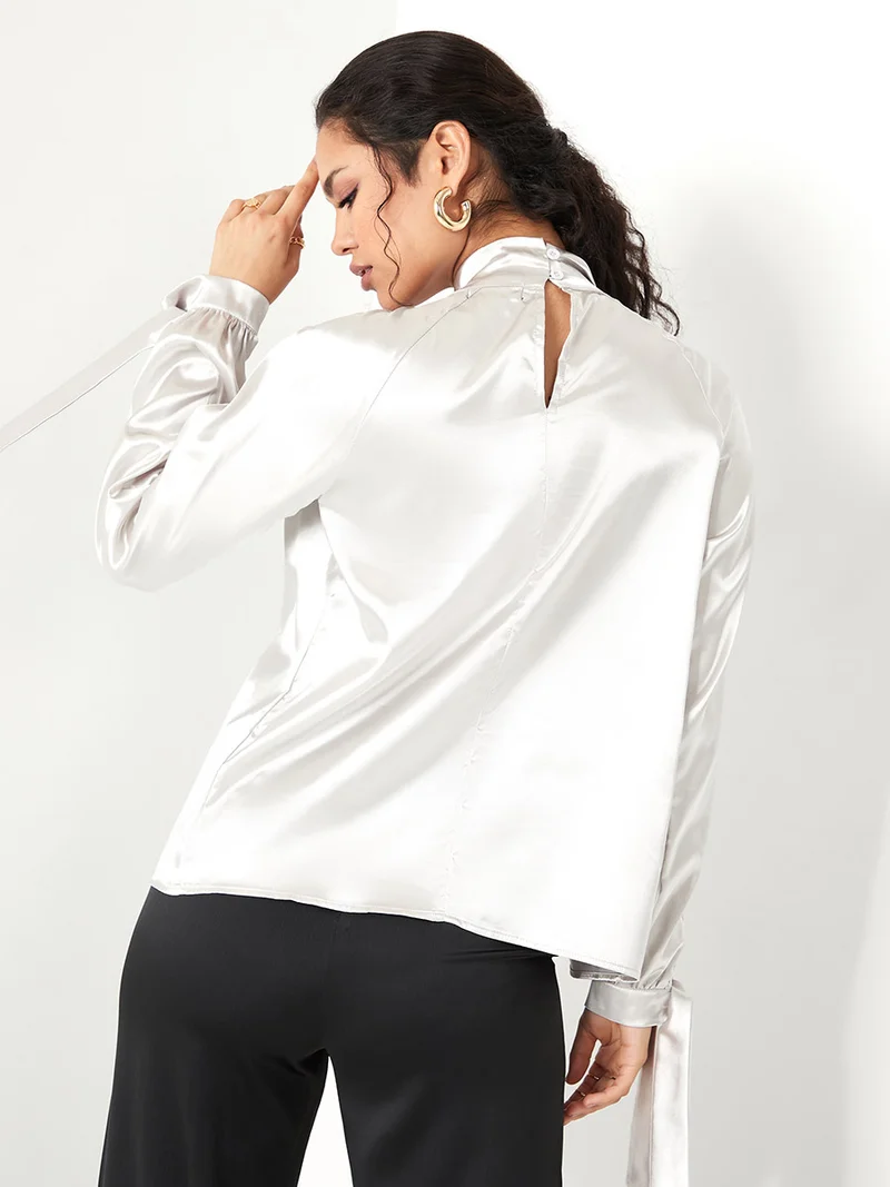 Styli Tie Cuff Long Sleeves Satin High Neck Blouse