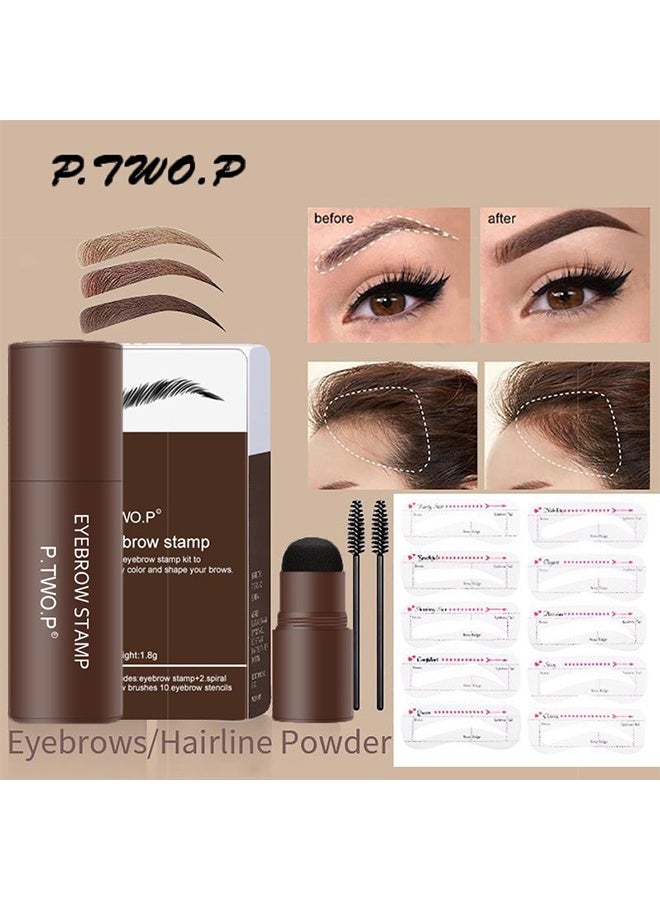 P.TWO.P EyeBrow Stamp Stencil Kit, Waterproof Brow Stamp Shaping Kit Eye Brow Definer u0026 Filling Powder, Women Makeup Tools with 10 Reusable Eyebrow Stencils, 2 Brushes (Dark Brown) - Image 3